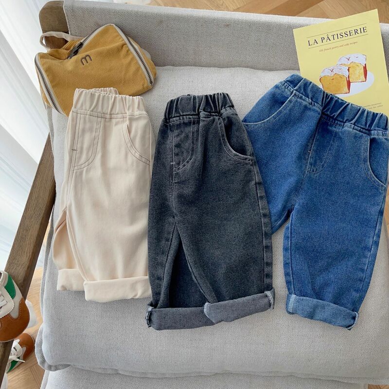 Wiosenne jesienne dziecięce ubrania dla chłopców dziecięca gumka elastyczne spodnie jeansowe dla małych dzieci odzież dla chłopców odzież wierzchnia spodnie jeansowe