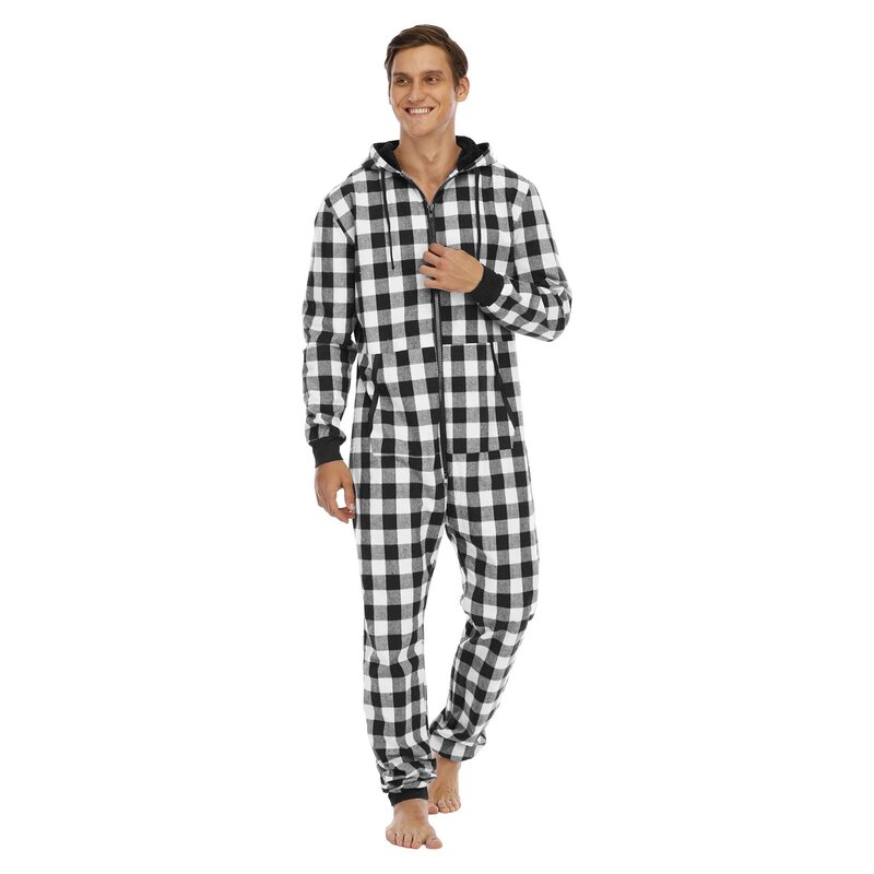 Комбинезон мужской в клетку, пижама с длинным рукавом, винтажная кофта с капюшоном, одежда для сна, Осень-зима