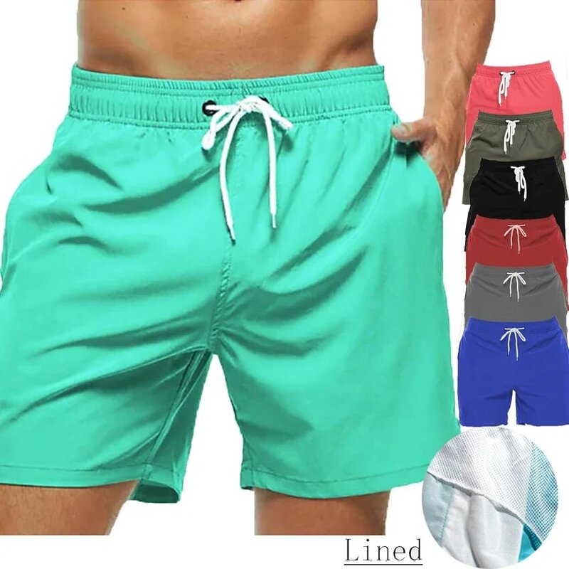 Shorts de praia casual masculino com forro de malha, cordão elástico na cintura, confortável, respirável, confortável, verão 2022