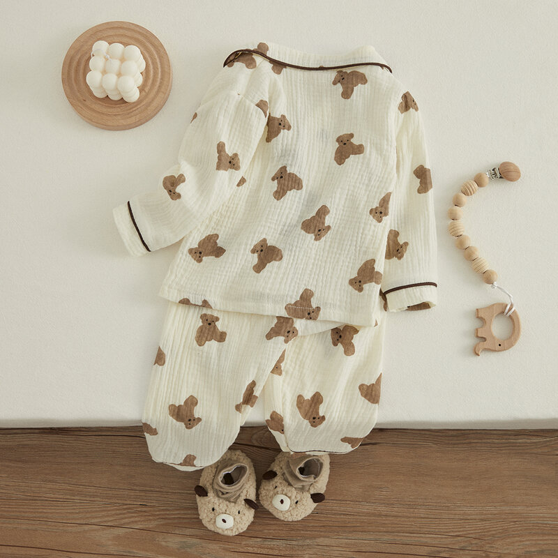 VISgogo-Pijama de lino y algodón para niños, traje de manga larga con estampado de oso, bolsillo frontal, solapa, Tops, pantalones largos, ropa informal para primavera