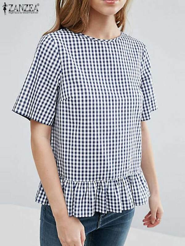 ZANZEA Fashion Ruffles Hem Blouse Summer Grid Printed Short Sleeve Tops Woman Casual O Neck Shirt Female Office OL Loose Blusas