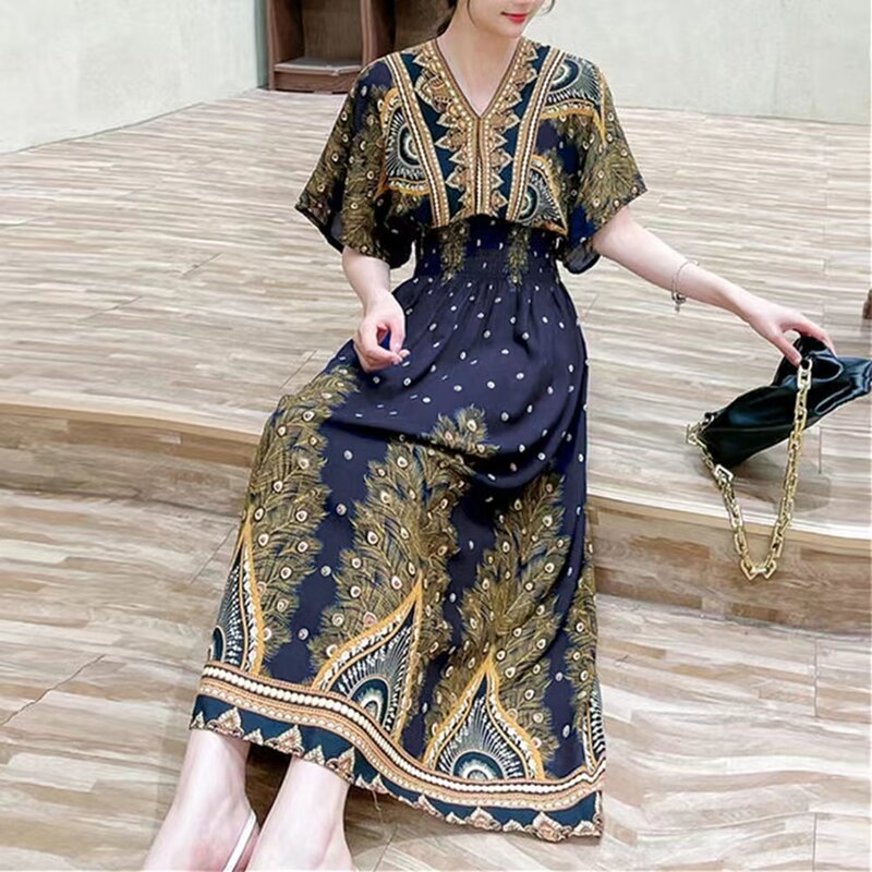 Casual Elegant Retro Bohemian National Style V-neck Elastic  Waist Large Swing Printed Summer Long Skirt Woman Dress Clothes
