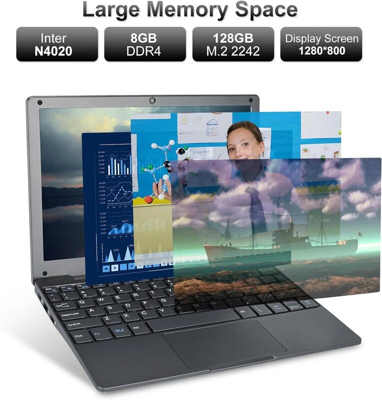 Notebook komputer Windows 11, komputer Laptop baru 10.1 inci Intel Celeron N4020, Netbook belajar untuk anak-anak Pria Wanita (8GB/128GB)