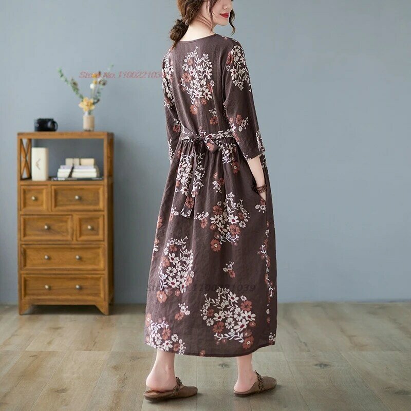 Женское винтажное платье с V-образным вырезом, Свободное длинное ТРАПЕЦИЕВИДНОЕ ПЛАТЬЕ в китайском ретро-стиле с традиционным цветочным принтом, 2024