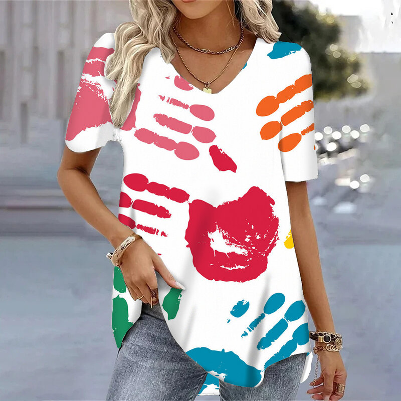 Engraçado Graffiti Patterns V-Neck T Shirts para mulheres, Streetwear solto, Casual Tees, Tops de verão grandes, roupas femininas, moda