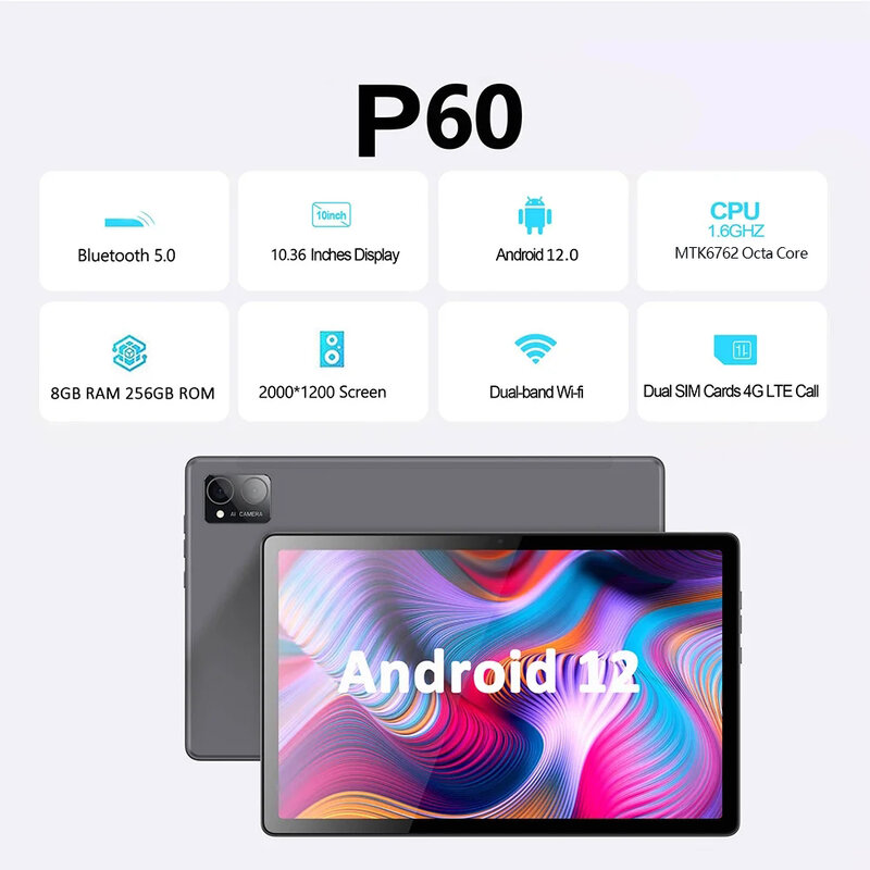 Tableta BDF P60 versión Global, Tablet Pc con pantalla LCD 2K de 10,36 pulgadas, Octa Core, Android 12, 8GB/256 GB, Tarjeta SIM Dual 4G,