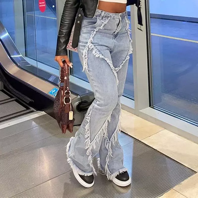 Retro weibliche Quaste Micro Flared Hose Reiß verschluss hohe Taille Kleidung lose Hosen ausgefranste Kante zerrissene Loch Streetwear Denim Jeans