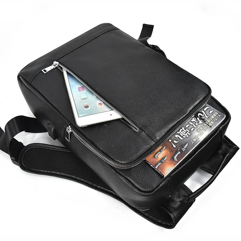 Black Leather Backpack for Men Real Cow Travel Bagpack School Daypack Male Business Laptop Bag 15.6" Backpacks USB