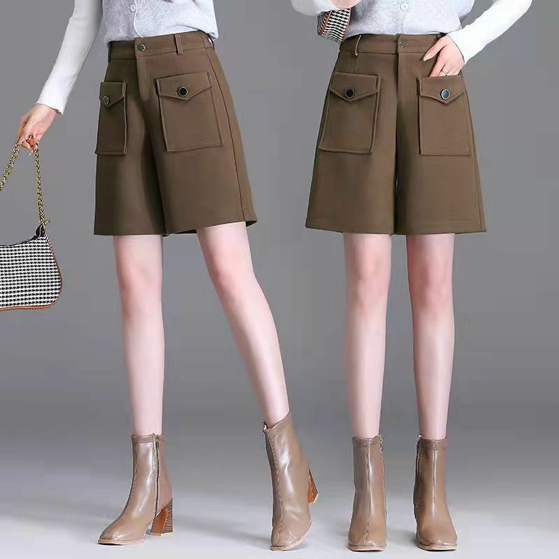 Celana pendek lima titik wol serbaguna wanita, celana pendek lurus kasual pinggang tinggi berkancing ritsleting Solid gaya Korea