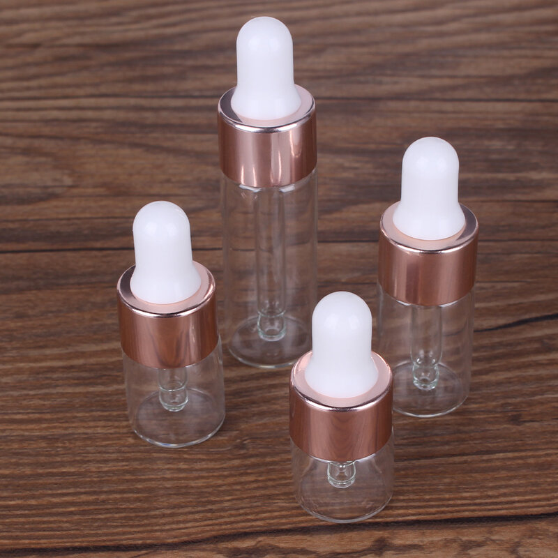 Mini botella transparente con cuentagotas de vidrio, frasco para aceite esencial, aromaterapia, líquido, 20/50/100 piezas, 1ml/2ml/3ml/5ml