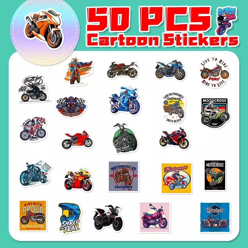 Pegatinas de dibujos animados para motocicleta, 50 piezas, pegatinas impermeables decorativas para casco, maletas, portátiles, teléfonos, guitarras, taza de agua
