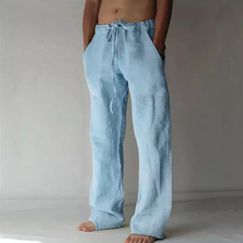Pantalones de lino de Color sólido para hombre, pantalón informal recto con múltiples bolsillos, holgado, ligero y transpirable, talla grande, novedad de verano, 2023