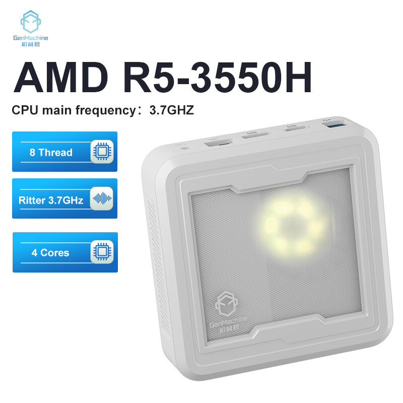 GenMachine Light-Mini PC AMD Ryzen 5 3550H, CPU, Windows 11, Ren3000, 3550H, DDR4 Max, 16gb de ram, DDR4, 2,1 GHz-3,7 GHz, ordenador para jugadores
