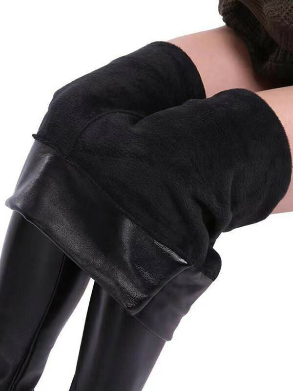 Qisin-mallas de cuero PU para mujer, Leggings gruesos y cálidos de cintura alta, pantalones de cuero negro, talla grande, Invierno