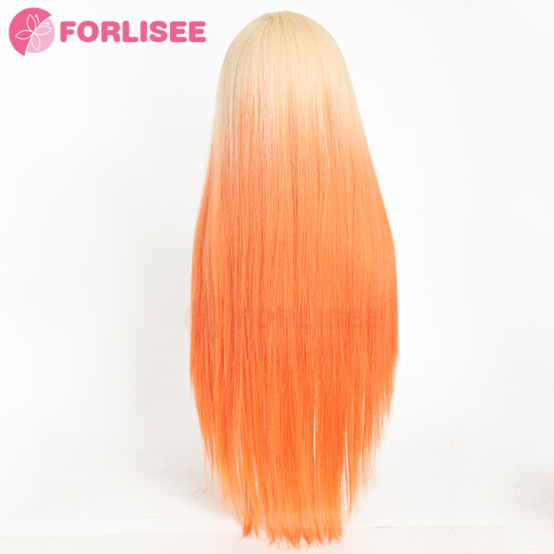 FORLISEE Pomarańczowa gradientowa długa prosta koronkowa peruka na przód Damskie włosy syntetyczne Bezklejowa koronkowa peruka na przód
