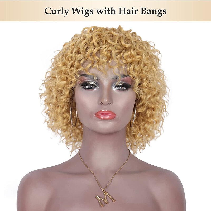 Parrucca corta riccia parrucche piene fatte a macchina dei capelli umani con frangia parrucca brasiliana dell'onda dell'acqua profonda dei capelli brasiliani per le donne