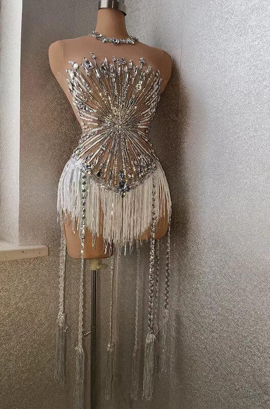 여성용 섹시한 라인석 크리스탈 바디 수트, 큰 스트레치 태슬 클럽 무도회 드래그 퀸 의상, DS 무대 가수 댄스 프린지 레오타드