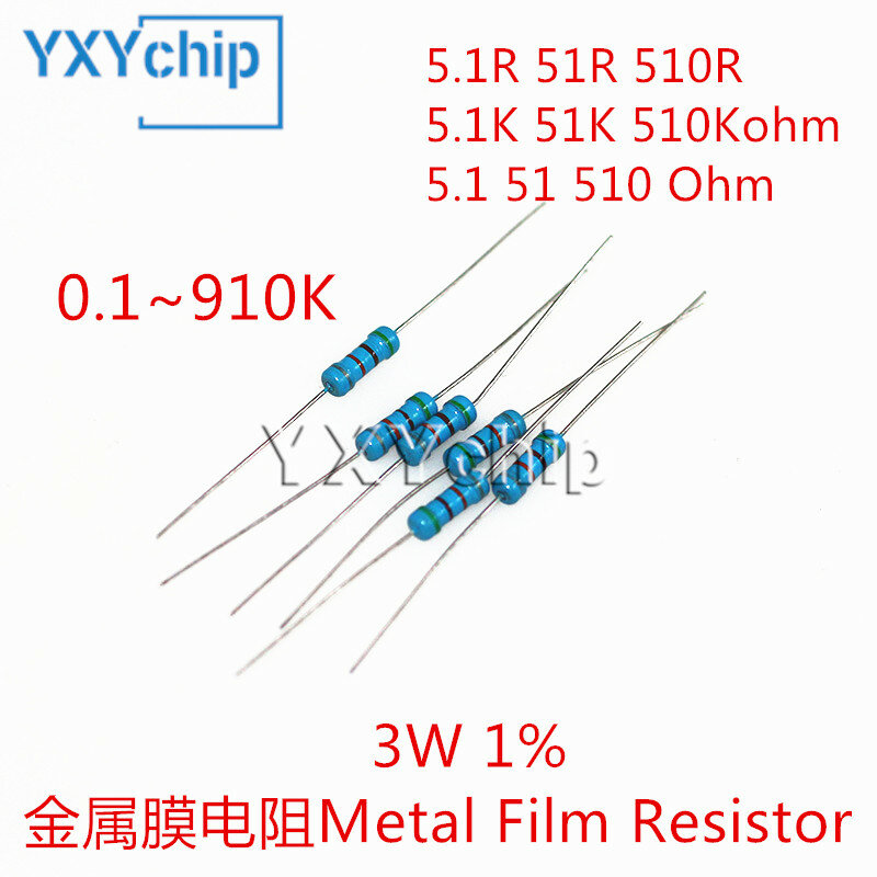 10pcs 3W Metal Film Resistor 5.1R 51R 510R 5.1K 51K 510Kohm 5.1 51 510 Ohm Accuracy 1% Five-Color Ring Resistance 0.1R-910K