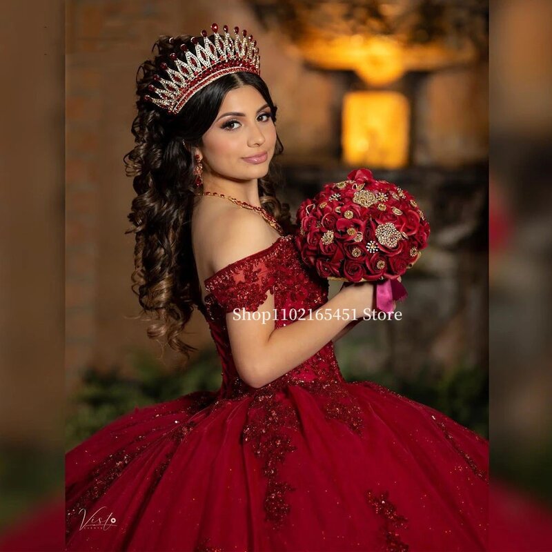 Princess Quinceanera Dresses Burgundy Off the Shoulder Appliques Sequin Formal Prom Graduation Gowns Lace Up Sweet 15 16 Dress