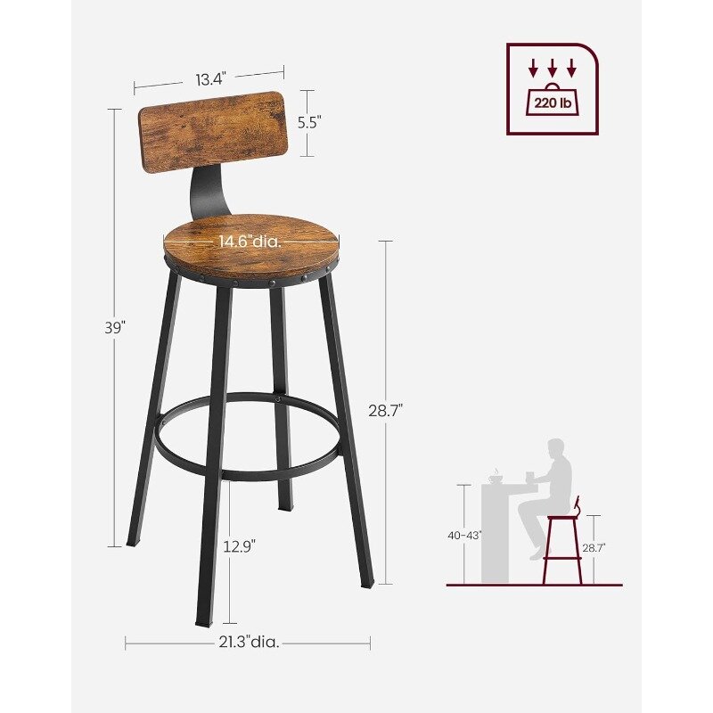 VASAGLE-Taburetes de Bar con respaldo, Juego de 2 taburetes de 28,7 pulgadas, sillas de Bar con respaldo, marco de acero, fácil de poner