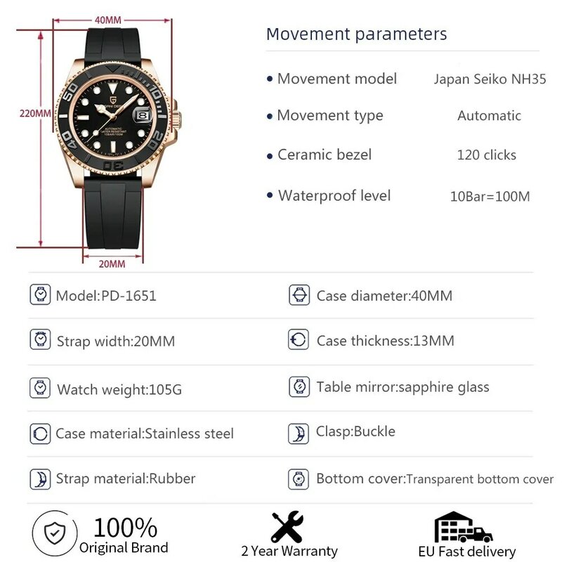 Pagani Design Relógio de pulso mecânico masculino, Safira, Relógio automático de luxo, Aço inoxidável, Relógio impermeável, Esportes