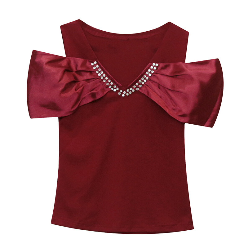 Camiseta con cuello en V para mujer, ropa Europea elegante y Sexy, retales ahuecados con diamantes brillantes, camisetas de manga corta 2024