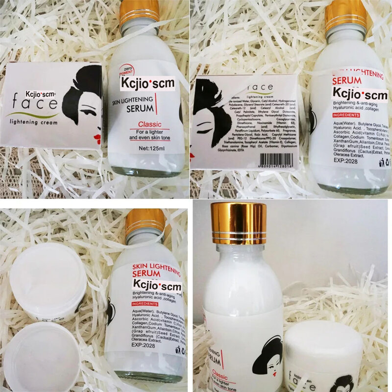 125ml Kojic Acid Whitening Serum Strong Brightening Fade Stubborn Dark Spots and 50g Lightening Face Cream Set For Black Skin