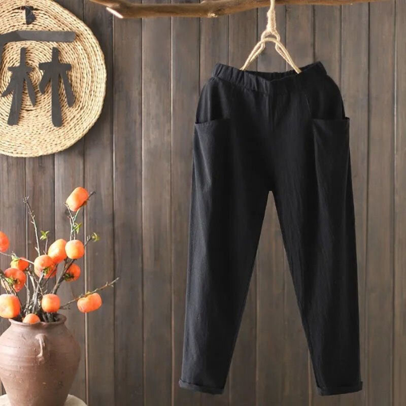 High Waisted Cotton and Linen Lady New Summer Thin Style Korean Multiple Colour Elastic Waist Pockets Loose Straight Leg Pants