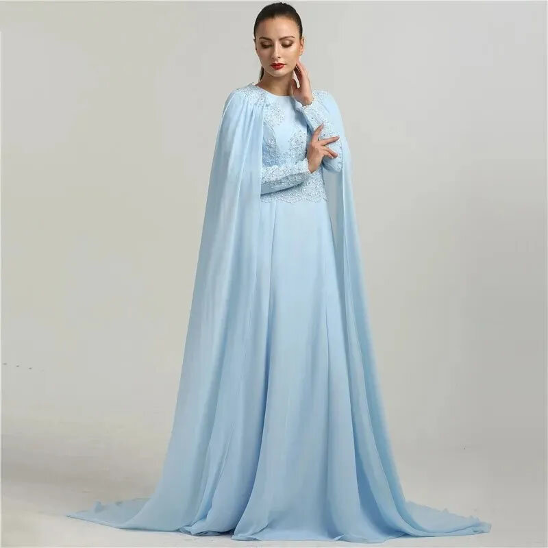 2024 небесно-голубое вечернее платье с рукавами-крылышками и круглым вырезом