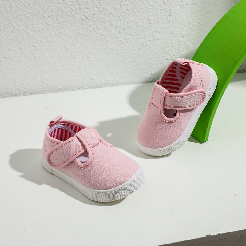 Tênis de lona T-strap para crianças pequenas, sapatos clássicos para meninas