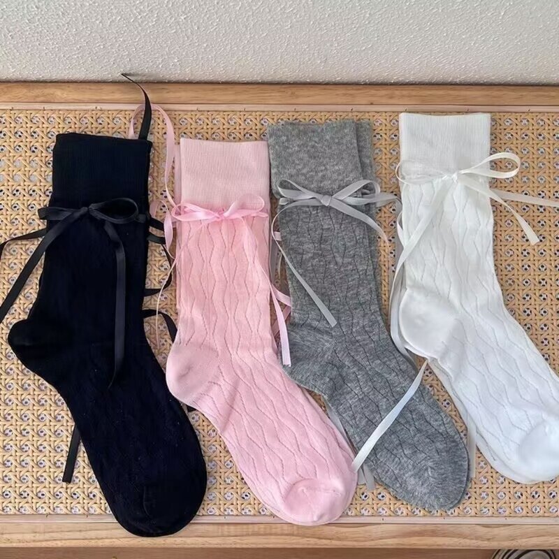 Polyester Cotton Sweet Style Socks Trendy Solid Color Accessories Calf Socks Bowknot Socks