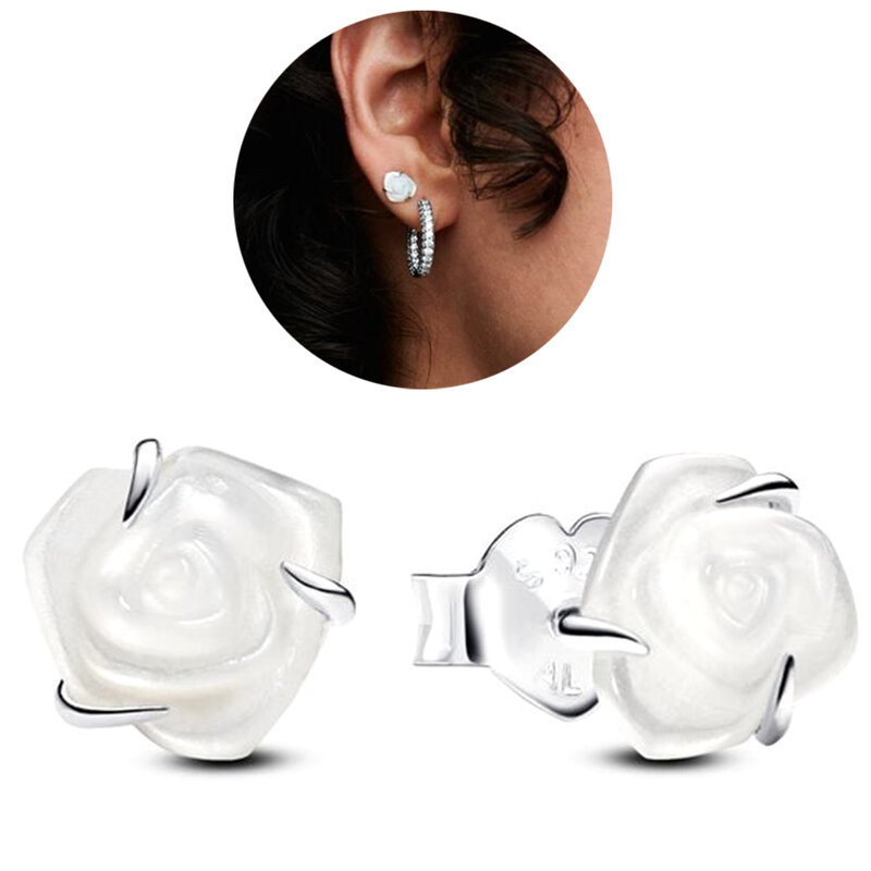 925 Sterling Silver White Rose in Bloom Coleção para Mulheres, Fits Original Pandora Charm Necklace, Ring Stud Earrings, Jewelry Gift
