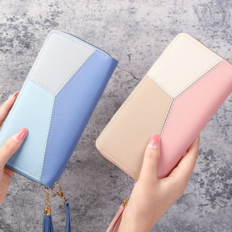 Fashion Trendy Candy Color Women's Long Patchwork Wallet Double Zipper Wallets Mobile Phone Bag Clutches Purse With Wristlet