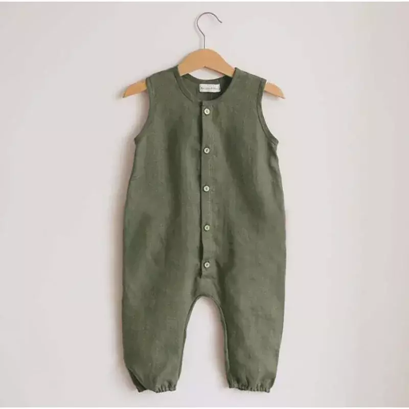Pelele de lino y algodón para bebé, mono con botones, liso, sin mangas, ropa de verano