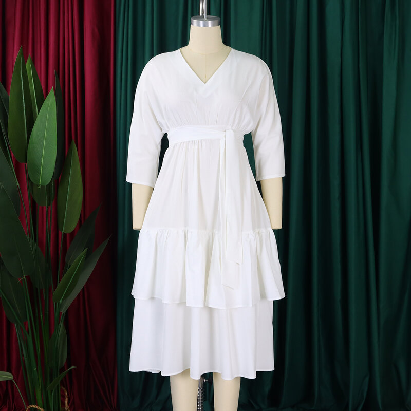 LW Layered Cascading Ruffle Belt Design Dress Women Summer Elegant Solid Color Half Sleeve V Neck Monochrome A line Midi Dresses