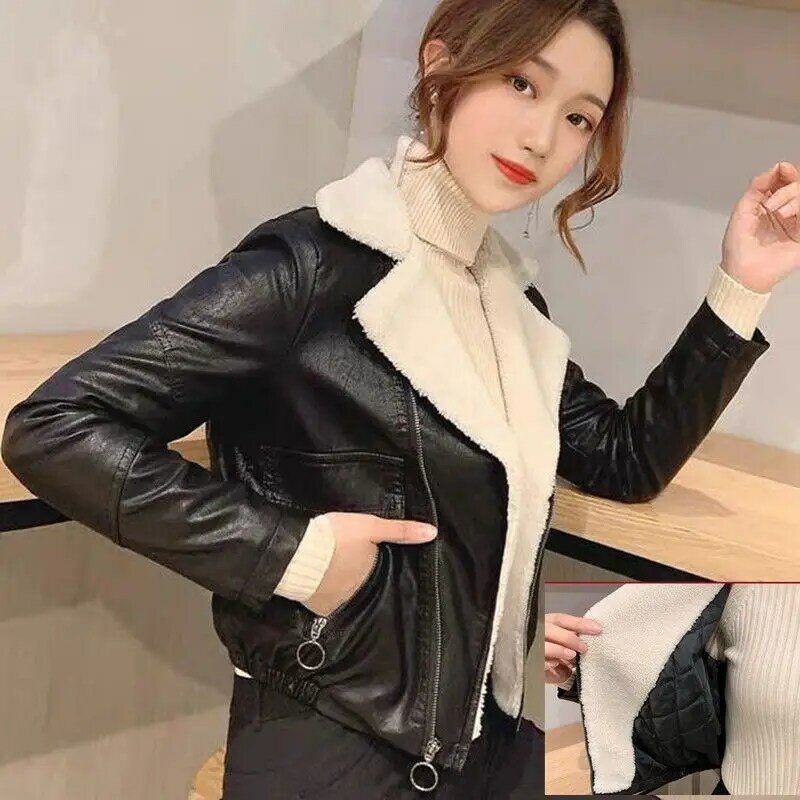 Jaket kulit PU wanita, jaket pendek kulit PU beludru, hangat versi Korea longgar, lembut, Joker lengan panjang, saku musim dingin baru