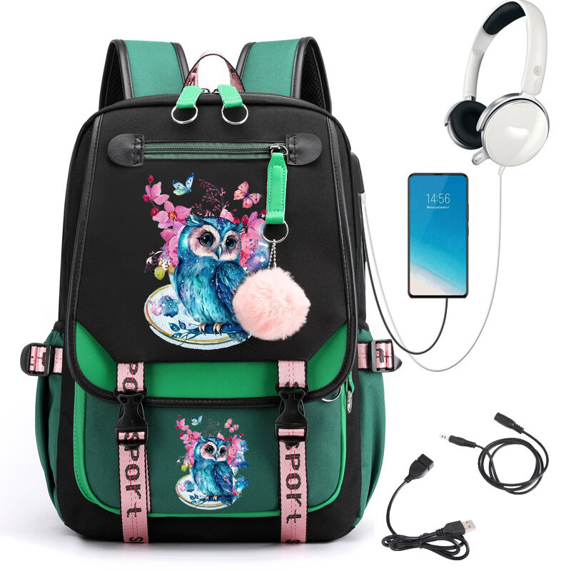Tas ransel sekolah motif bunga burung hantu cat air tas sekolah imut kartun untuk siswa remaja tas buku Anime Laptop ransel remaja