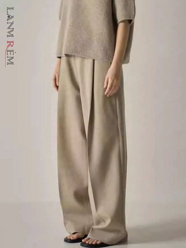 [LANMREM] pantaloni a gamba larga in lana minimalista per le donne 2024 primavera nuovi pantaloni moda donna ufficio a vita alta donna 26 d8021
