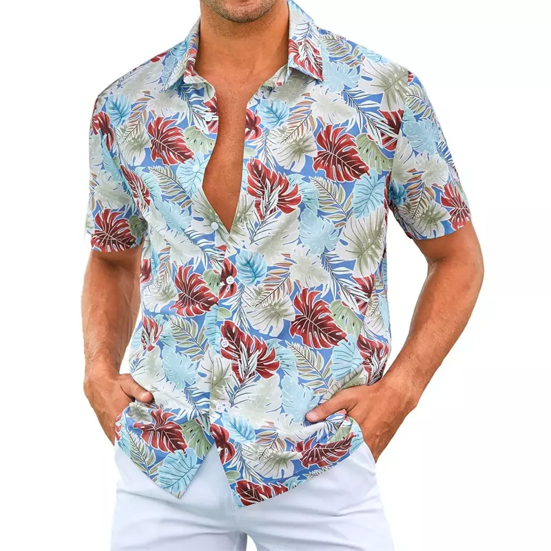 Camisa de lapela estampada masculina, manga curta, estilo simples havaiano, respirável, de férias diárias, casual e confortável, nova, verão