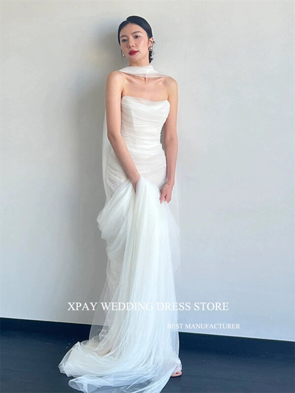 XPAY Strapless Mermaid Korea Wedding Dresses Photoshoot Soft Tulle Scarf Floor Length Bridal Gowns Custom Made Elegant