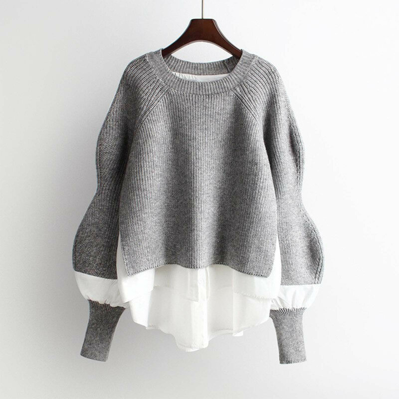 Sweater 2023 wanita, atasan jumper lengan lentera longgar leher O, Pullover musim gugur musim dingin