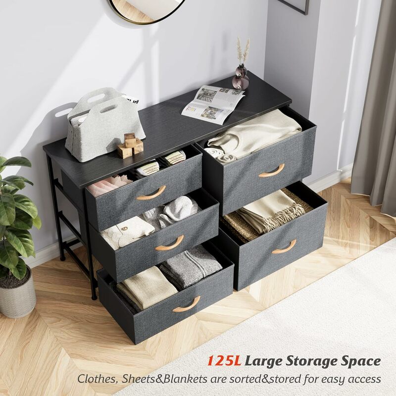 Commode de chambre à coucher avec 5 tiroirs, armoire, meuble TV avec tiroirs de rangement, planches en bois, tiroirs en tissu