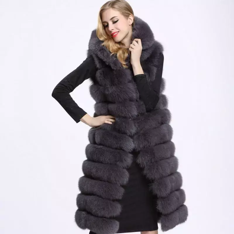 Женский пушистый длинный жилет с капюшоном, зимняя утепленная куртка без рукавов из искусственного меха, 2023