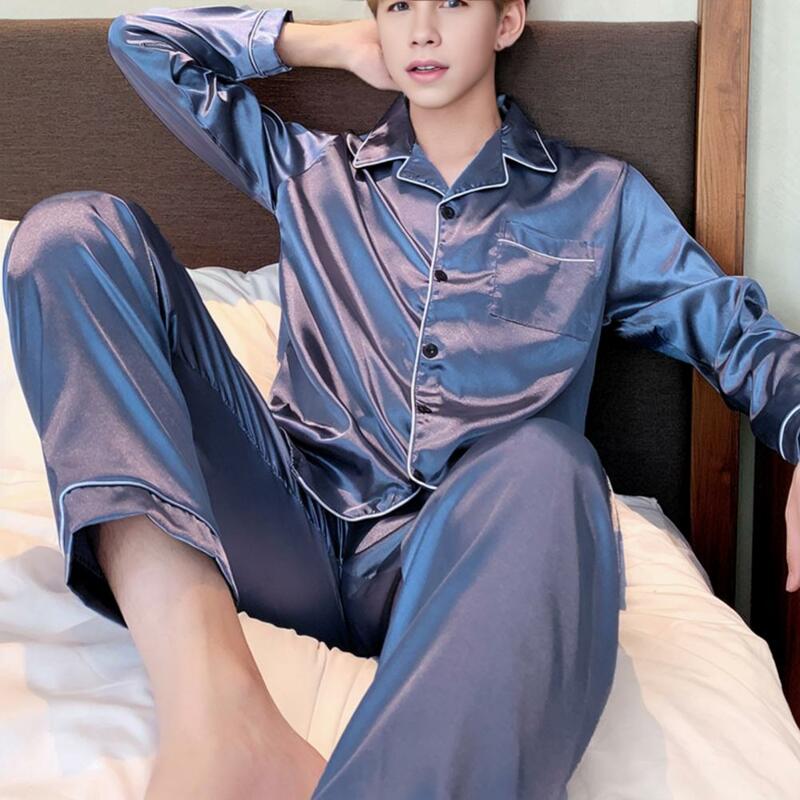Men Pajama Set Men's Summer Pajama Set with Long Sleeve Shirt Wide Leg Pants Solid Color Sleepwear with Elastic Waist for Men