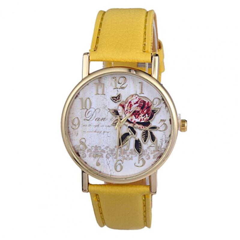 Reloj con patrón de rosa para mujer, reloj de pulsera con esfera redonda clásica, correa de cuero de imitación, movimiento de cuarzo preciso, regalo de aniversario de cumpleaños