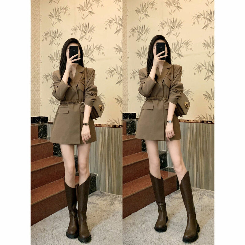 韓国のファッションブレザーコート,女性用シングルブレスト長袖メタルベルトコート,女性用衣類2023