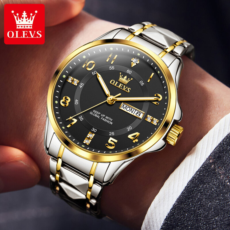 นาฬิกาข้อมือผู้ชาย OLEVS นาฬิกาควอตซ์สแตนเลสสตีลแบรนด์หรูสำหรับกันน้ำผู้ชายสว่างวันที่สัปดาห์นาฬิกาข้อมือแฟชั่นสำหรับผู้ชาย