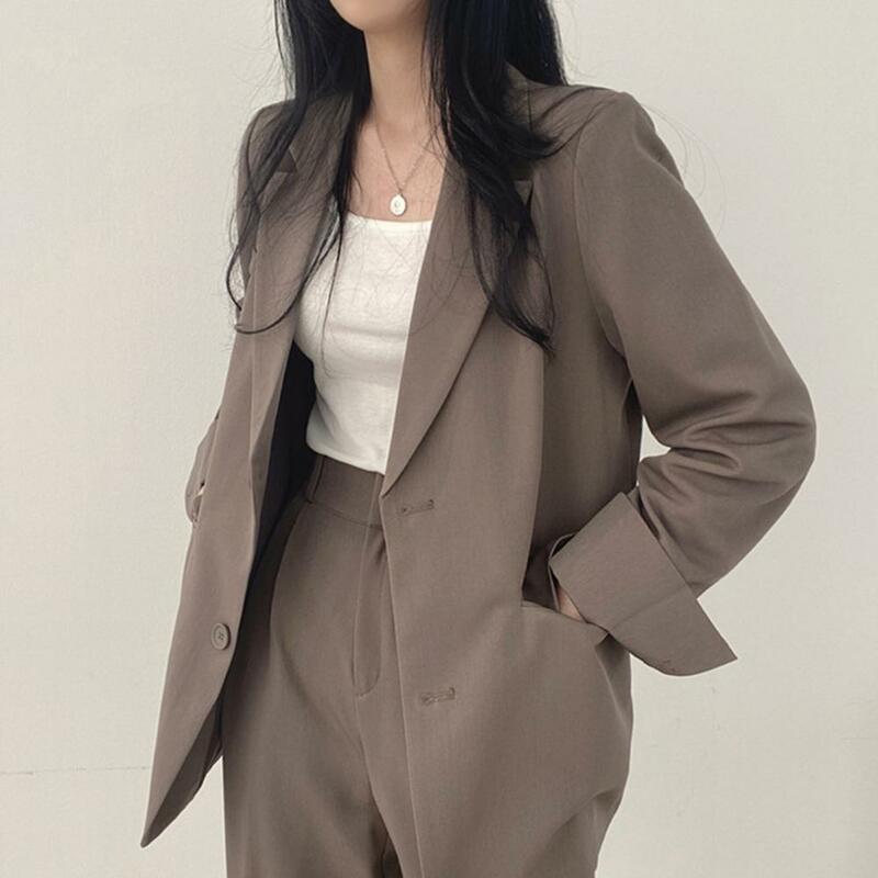 Simple Solid Color Coat Women Suit Coat Chic Women's Workwear Loose Fit Lapel with Flap Pockets for Spring Autumn Seasons