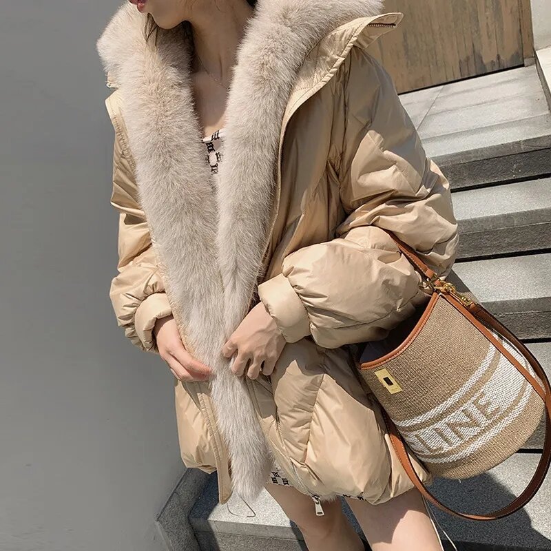 女性のための長くて暖かいガチョウの毛皮のコート,厚くて本物のキツネの襟,冬のファッション,新しい2023