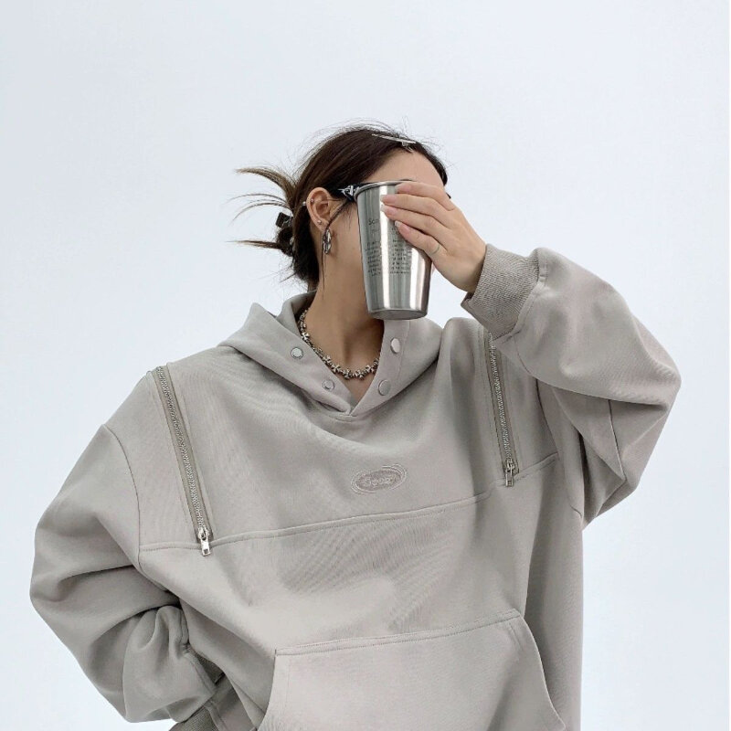 Retro Hooded Sweatshirt Loose Fall and Winter Premium Feeling Niche Shoulder Zipper Design Couple Tops Women Fashion Clothes